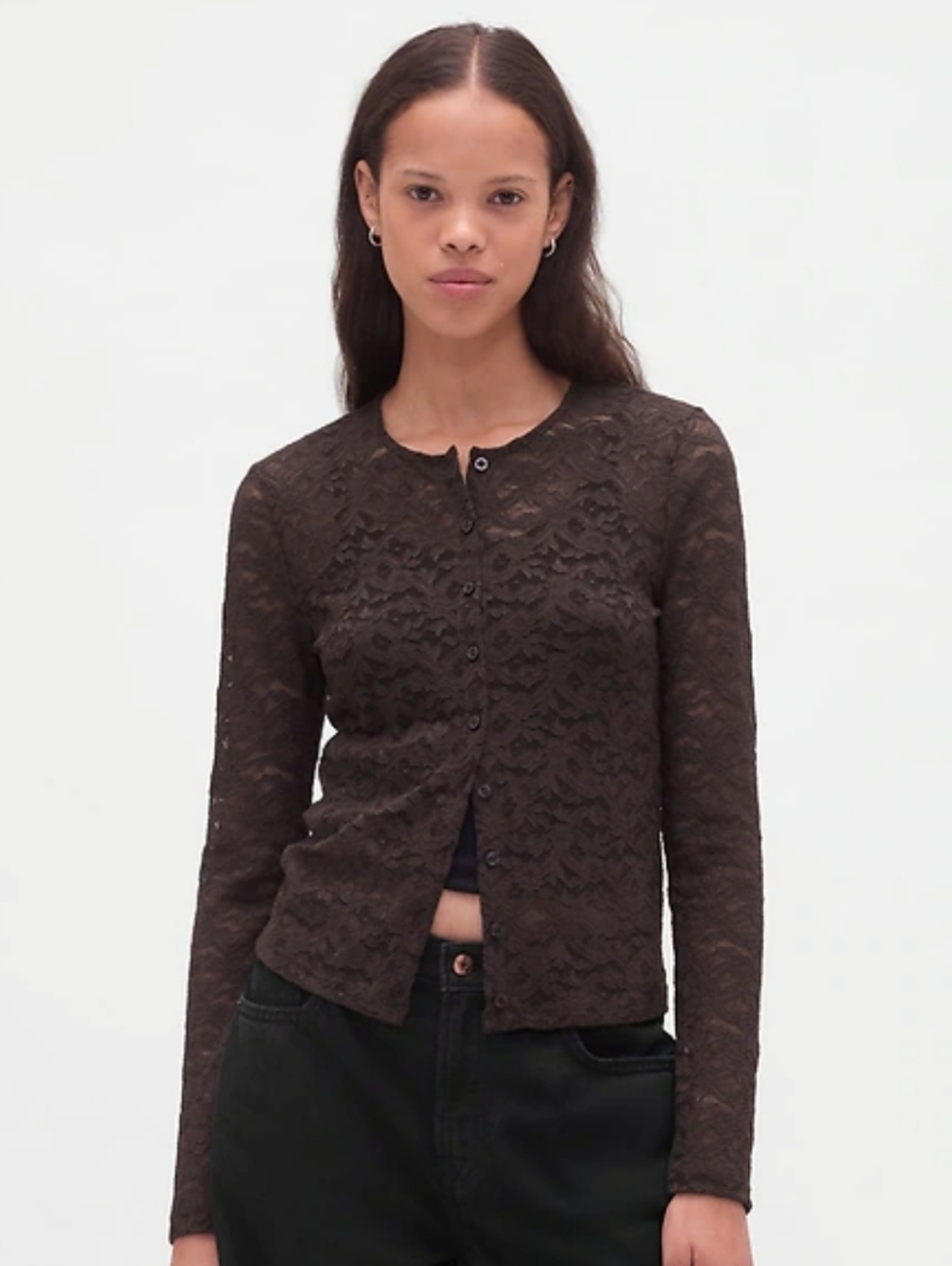 Gap Terra Brown Lace Long Sleeve Crewneck Cardigan Size L NWT